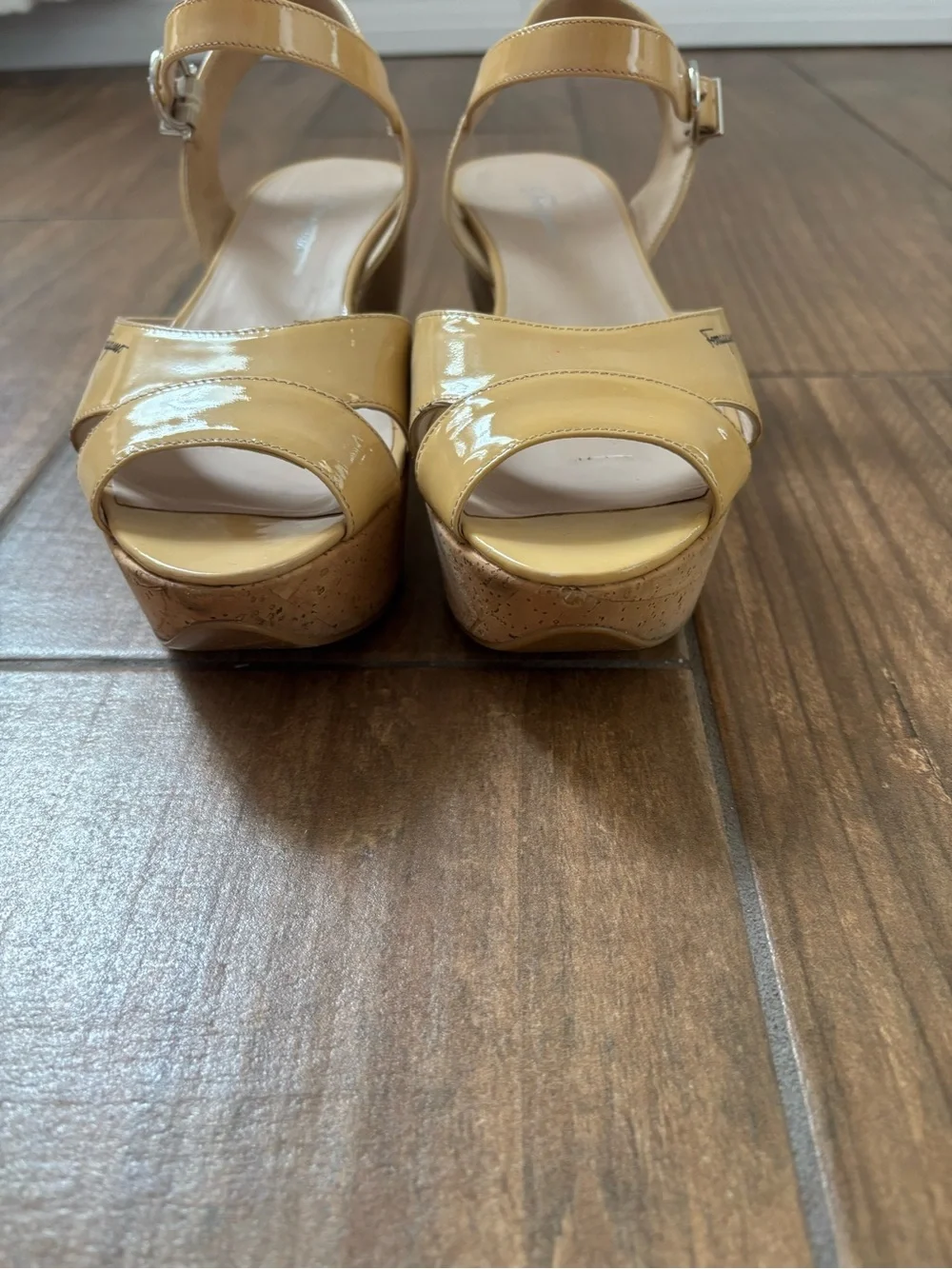 Salvatore Ferragamo Patent Leather My Sunset Cork Wedge Sandals Size 7.5 M